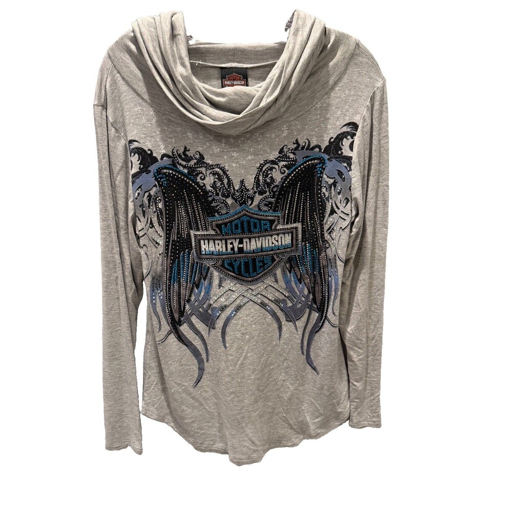 Women's Harley Davidson Studded Rhinestone Cowl Neck Long Sleeve Grey Top Size L